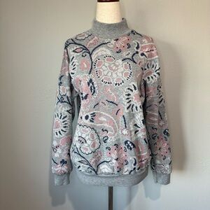 Floral Patterned Gray and Pink Sweater